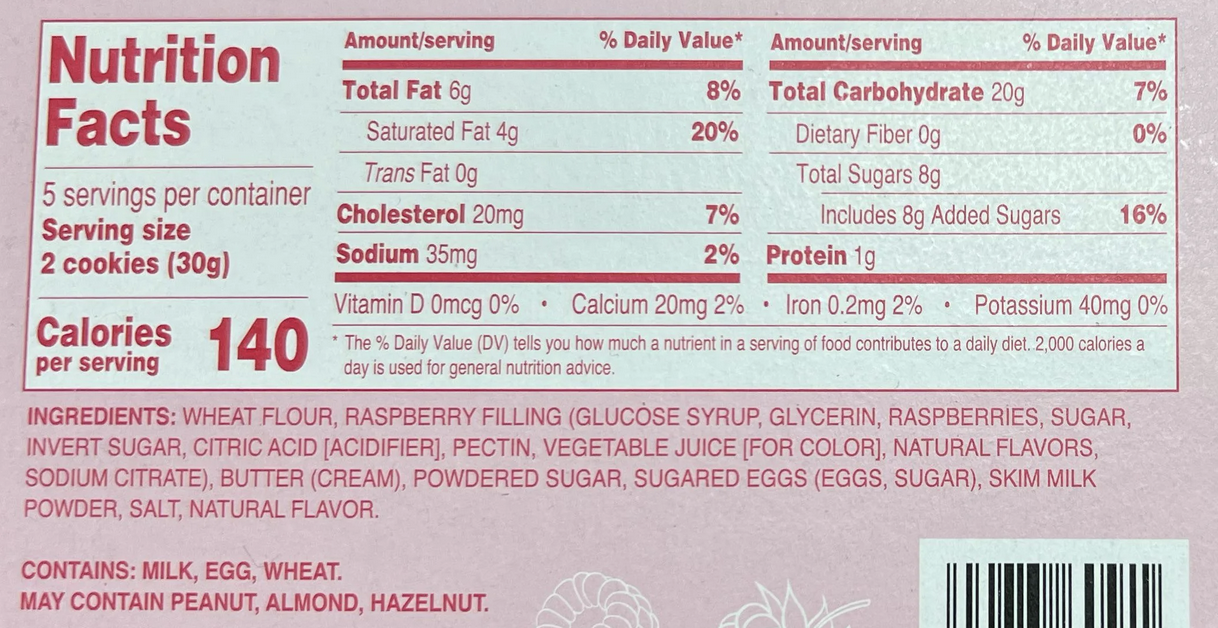 Trader Joe's All Butter Shortbread Sandwich Cookies with Raspberry Filling Nutrition Facts & Ingredients