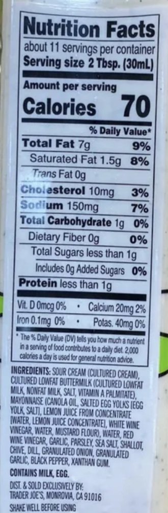 Buttermilk Ranch Dressing Nutrition Facts & Ingredients